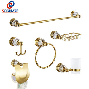 SOGNARE 6pcs Golden Bathroom Accessories Set Brass Luxury Bath Hardware Sets Wall Mounted Crystal Bathroom Fixtures 6100XG